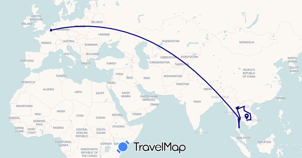 TravelMap itinerary: driving in Belgium, Cambodia, Laos, Thailand (Asia, Europe)
